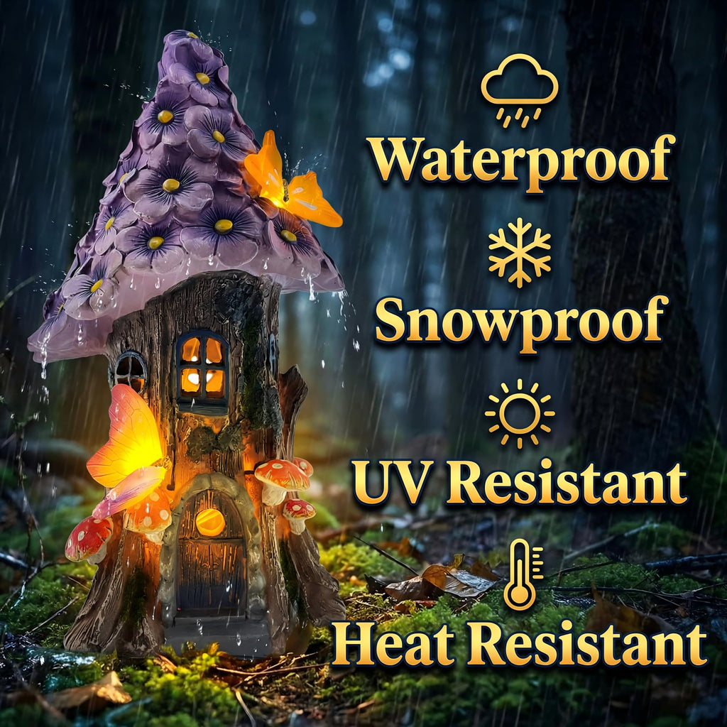 COWOS Mushroom House Statue, Garden Decor Outdoor Solar Statues, Solar Garden Statue Lights, Fairy Garden Decorations, Mushroom Fairy House Figurine with Butterflies and Flowers for Yard Decor
