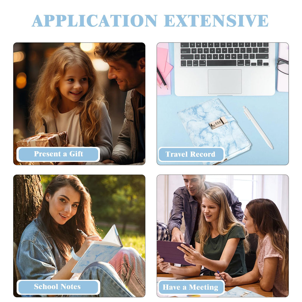 Kutoda Marble Diary with Lock, 192 Pages College Ruled Secret Journal with Lock, Waterproof A5 locked journal for women, Cute Diary Stuff for Teen Girls (Blue)