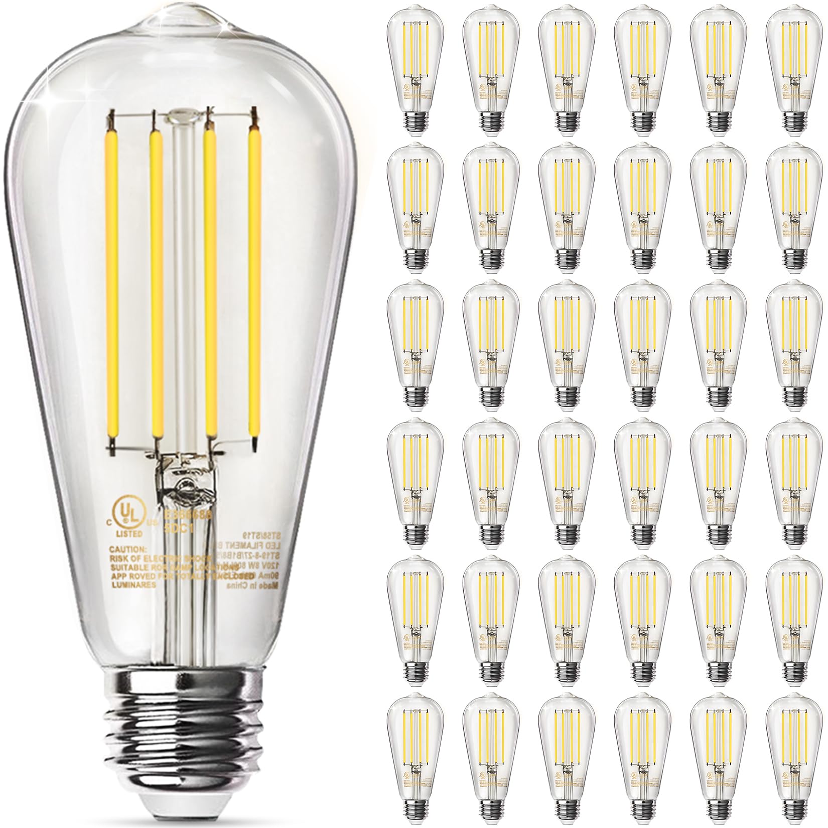 TJOY 36 Pack Edison LED Light Bulbs, E26 Base, 8W 2700K, Dimmable