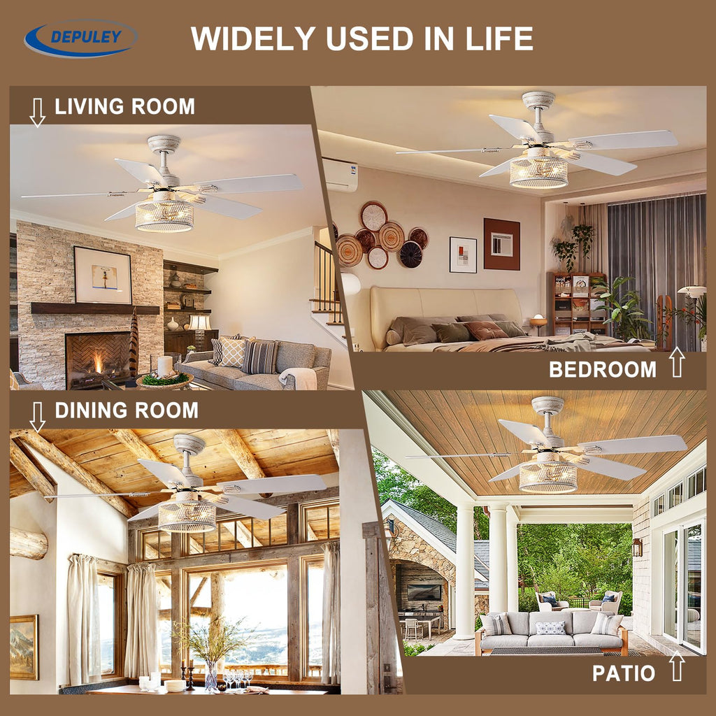 Depuley 52in Ceiling Fans with Lights: 2 Pack White Gold Caged Ceiling Fan with Remote - Farmhouse Ceiling Fan with Dual Finish 5 Blades for Living Room 6 Speeds Timer Reversible E26 Bulbs Included