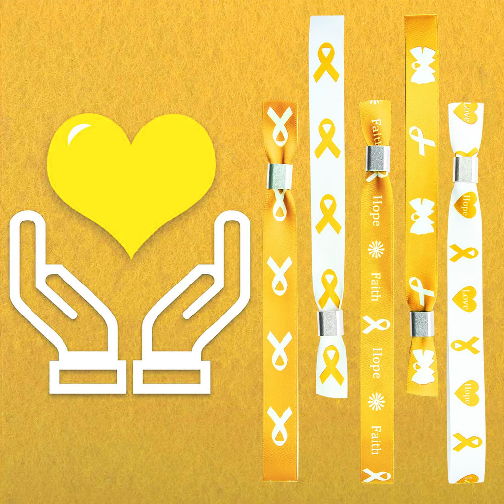 WANDIC 30 Pcs Gold Ribbon Bracelets, 5 Style Polyester Single Side Adjustable Childhood Cancer Awareness Support Wristband for Event Fundraising, 6.89 * 0.59 * 0.07, no Gemstone