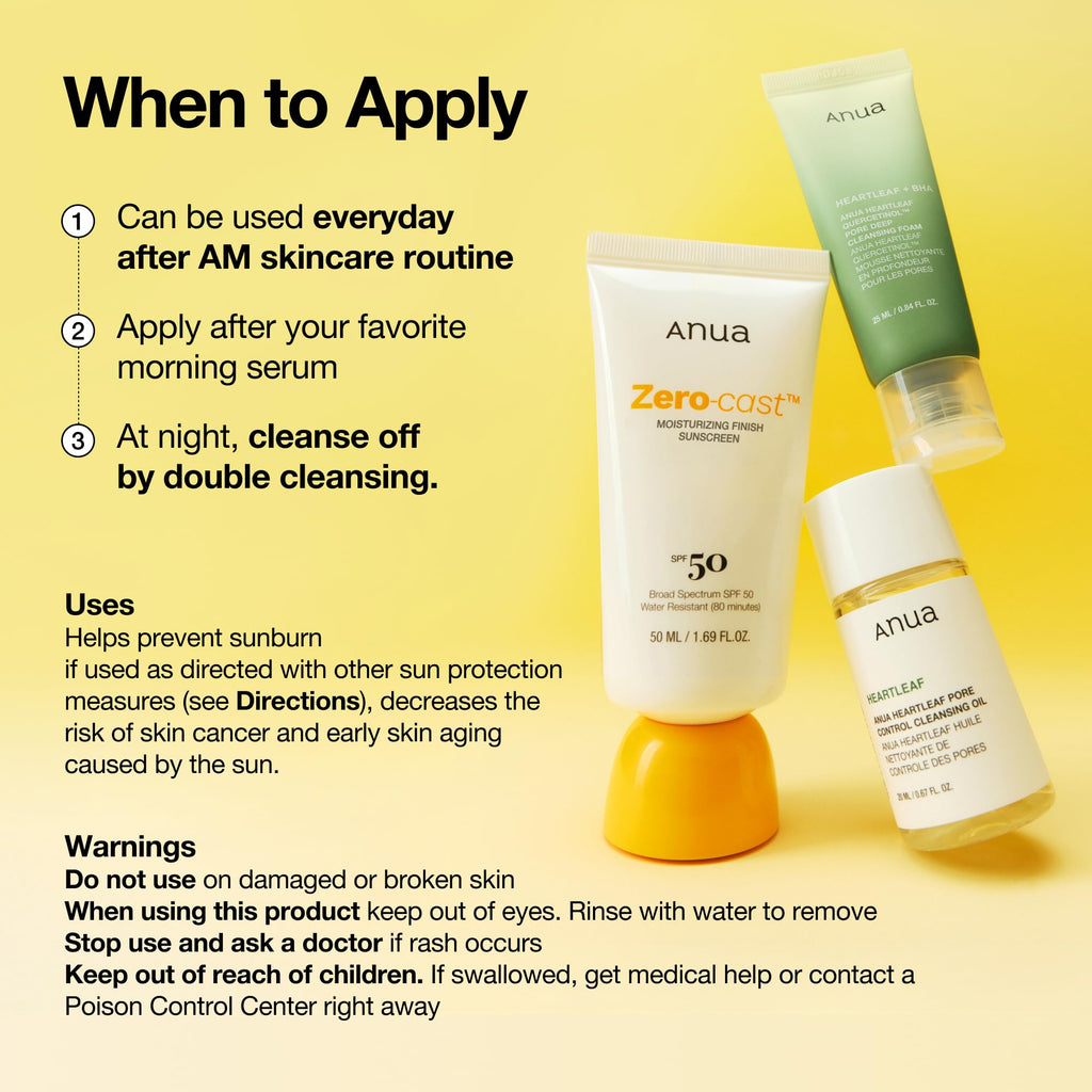 Anua, Zero-Cast Moisturizing Sunscreen SPF 50, Glow Natural Sunscreen for face, No White Cast, Hyaluronic Acid, Niacinamide, Oil-Free, Korean Skincare, 1.69 fl oz