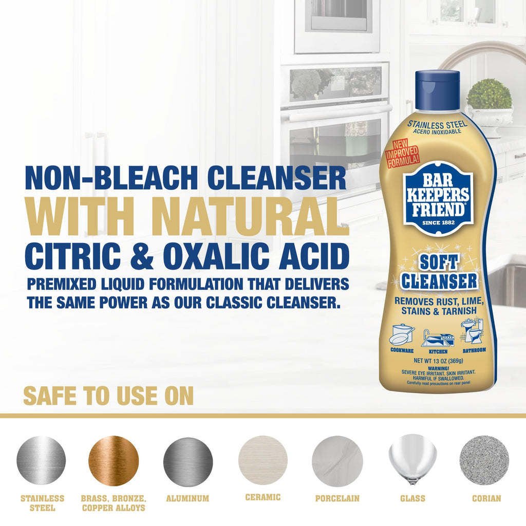 Bar Keepers Friend Soft Cleanser Liquid (2 x 13 Ounce) Multipurpose Cleaner & Rust Stain Remover for Stainless Steel, Porcelain, Ceramic Tile & More