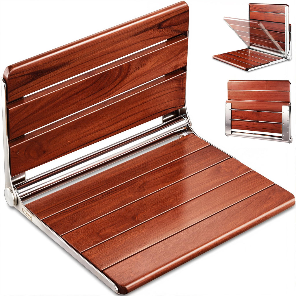 [Upgraded Version] 20" ADA Compliant Folding Teak Shower Seat Wall Mounted - Larger Teak Shower Bench, Home Care Folding Shower Seat for Inside Shower, Wall Mount Shower Chair Shower Stool, Max 400lb