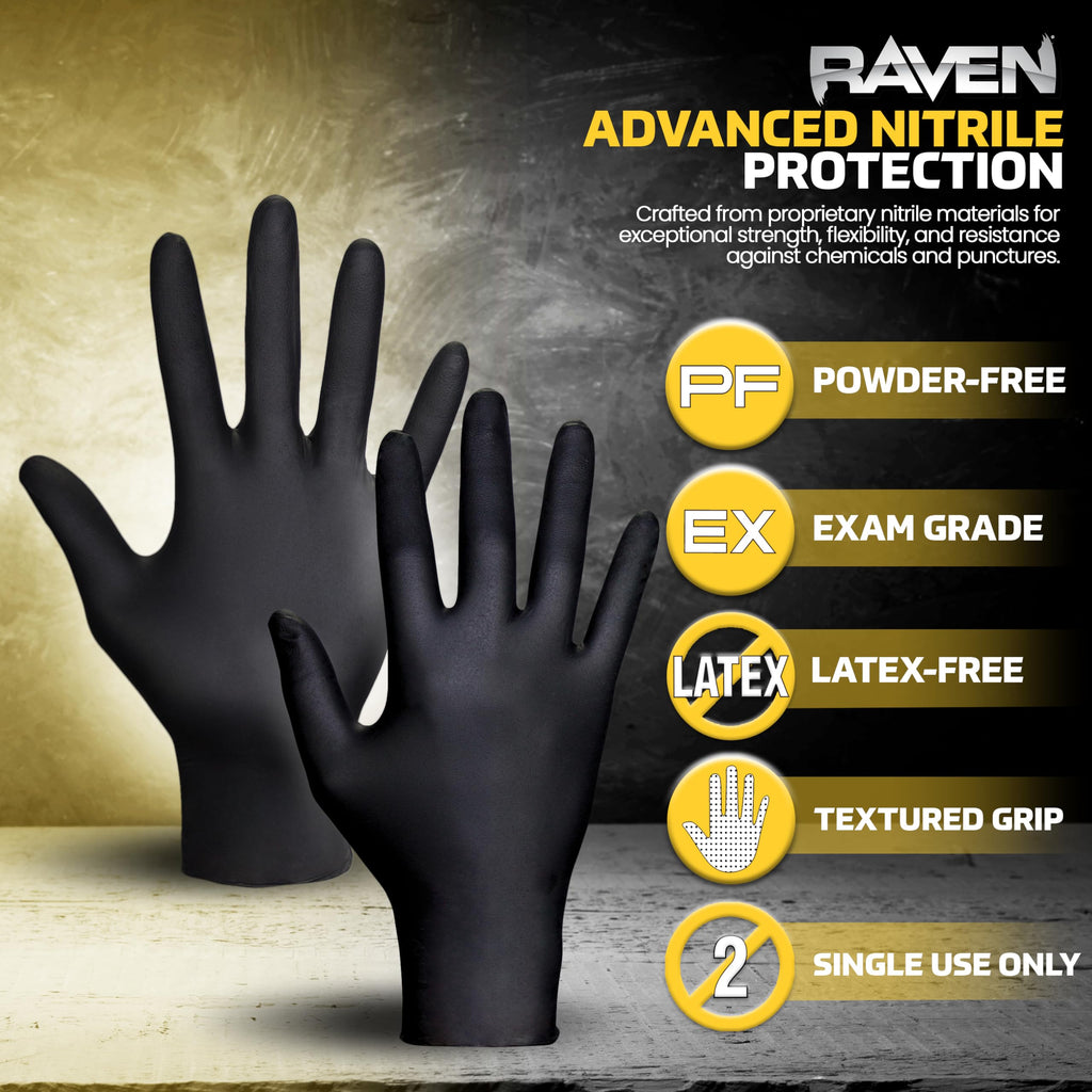 Raven Powder Free Nitrile Disposable Gloves | 7 Mil - Sm | Latex Free, Chemical + Puncture Resistant, Textured Grip, Single Use | for Automotive, Industrial, Janitorial, MRO, Food Service | 66516