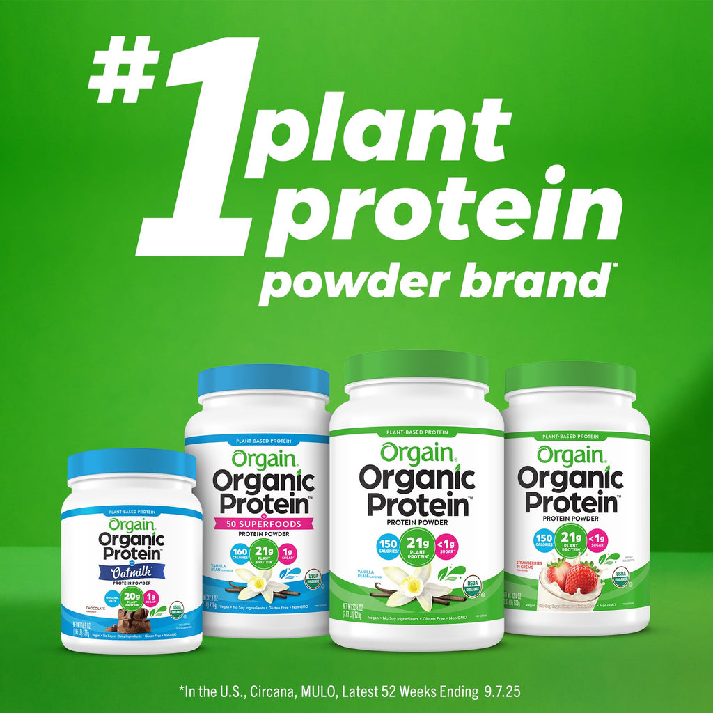 Orgain Organic Vegan Protein + 50 Superfoods Powder, Creamy Chocolate Fudge - 21g Plant Based Protein, 9g Prebiotic Fiber, No Lactose, Gluten Free, No Added Sugar, 2.02 lb (Packaging May Vary)