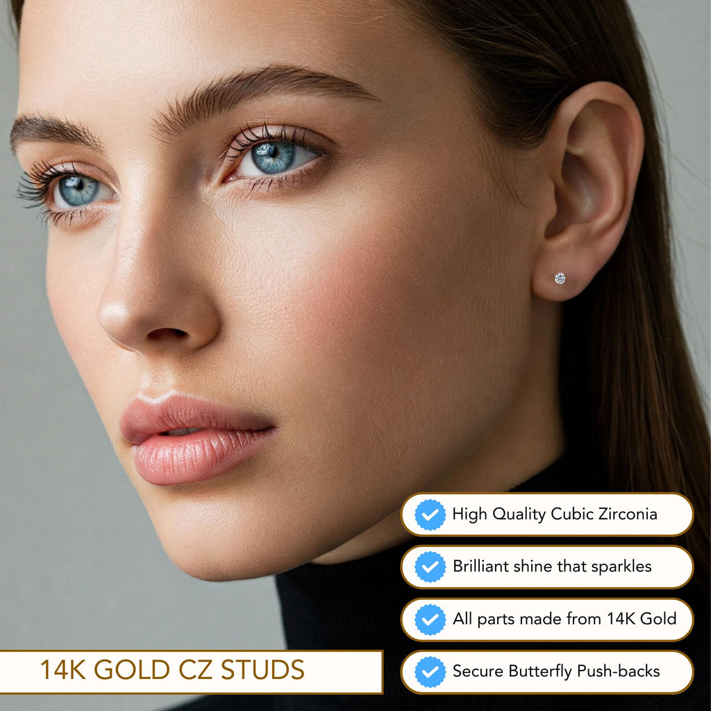 14k White Gold Solitaire Round Cubic Zirconia Stud Earrings Pushbacks 3mm