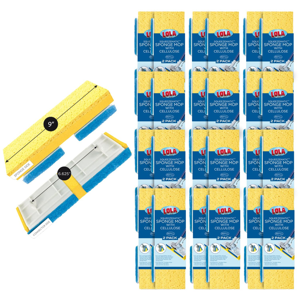 LOLA Cellulose SqueezeMatic Butterfly Sponge Mop Refill, 9", 12 Pack, Floor Cleaning, Comparable w/Quickie Type S Sponge Mop Refill