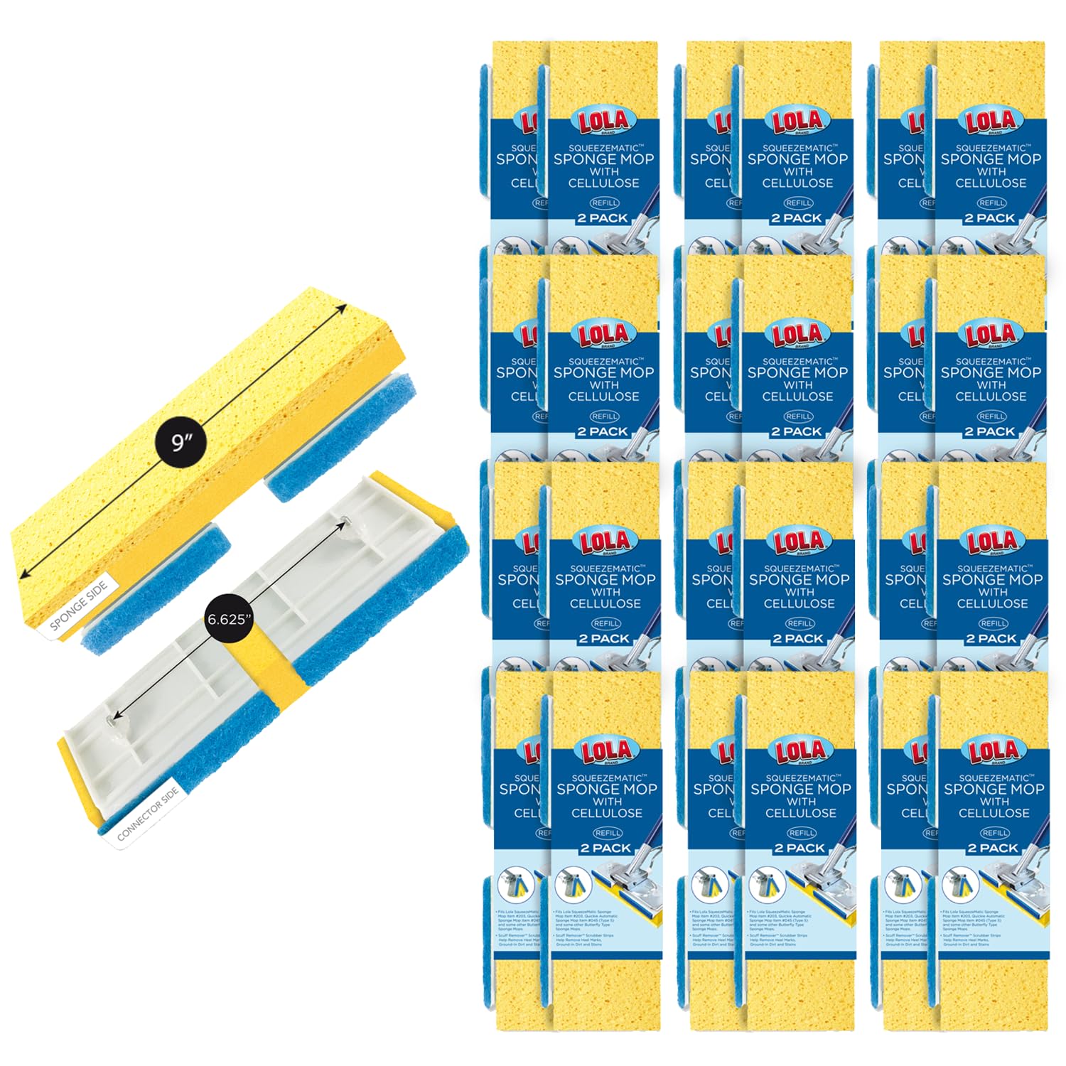 LOLA Cellulose SqueezeMatic Butterfly Sponge Mop Refill, 9", 12 Pack, Floor Cleaning, Comparable w/Quickie Type S Sponge Mop Refill