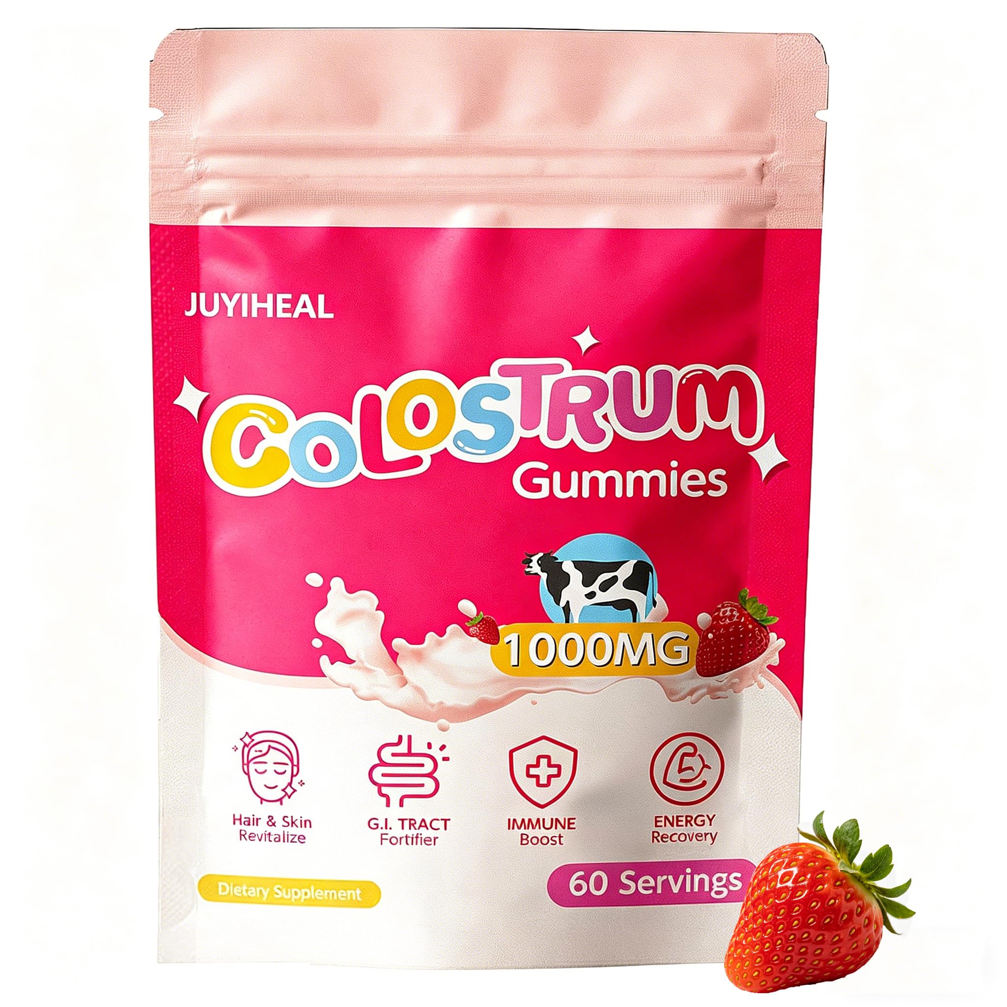 JUYIHEAL Core Bovine Colostrum Gummies, 1g Per Serving Grass Fed Colostrum Chews Colostrum Supplement for Gut Health, Hair Growth, Beauty, and Immune Support, Strawberry Flavor 60 Servings