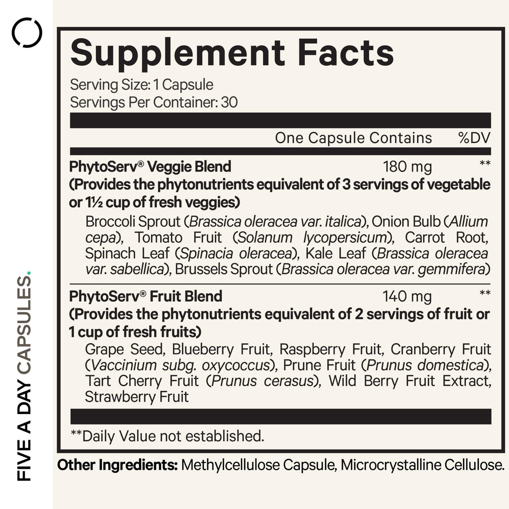 Codeage Instantfood Five A Day – Fruits & Vegetables Capsule Supplement – Whole Food Phytonutrients – 15 Fruits and Veggies Blend - Vegan, Non-GMO – 30 Capsules