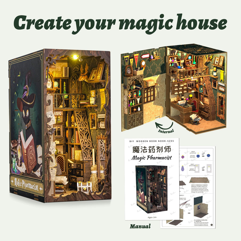 CUTEBEE Book Nook Kit - DIY Miniature House Dollhouse Kit for Adults and Teens, 3D Wooden Puzzle Booknook Build Bookshelf Decor, Gifts for Family and Friends (Magic Pharmacist)