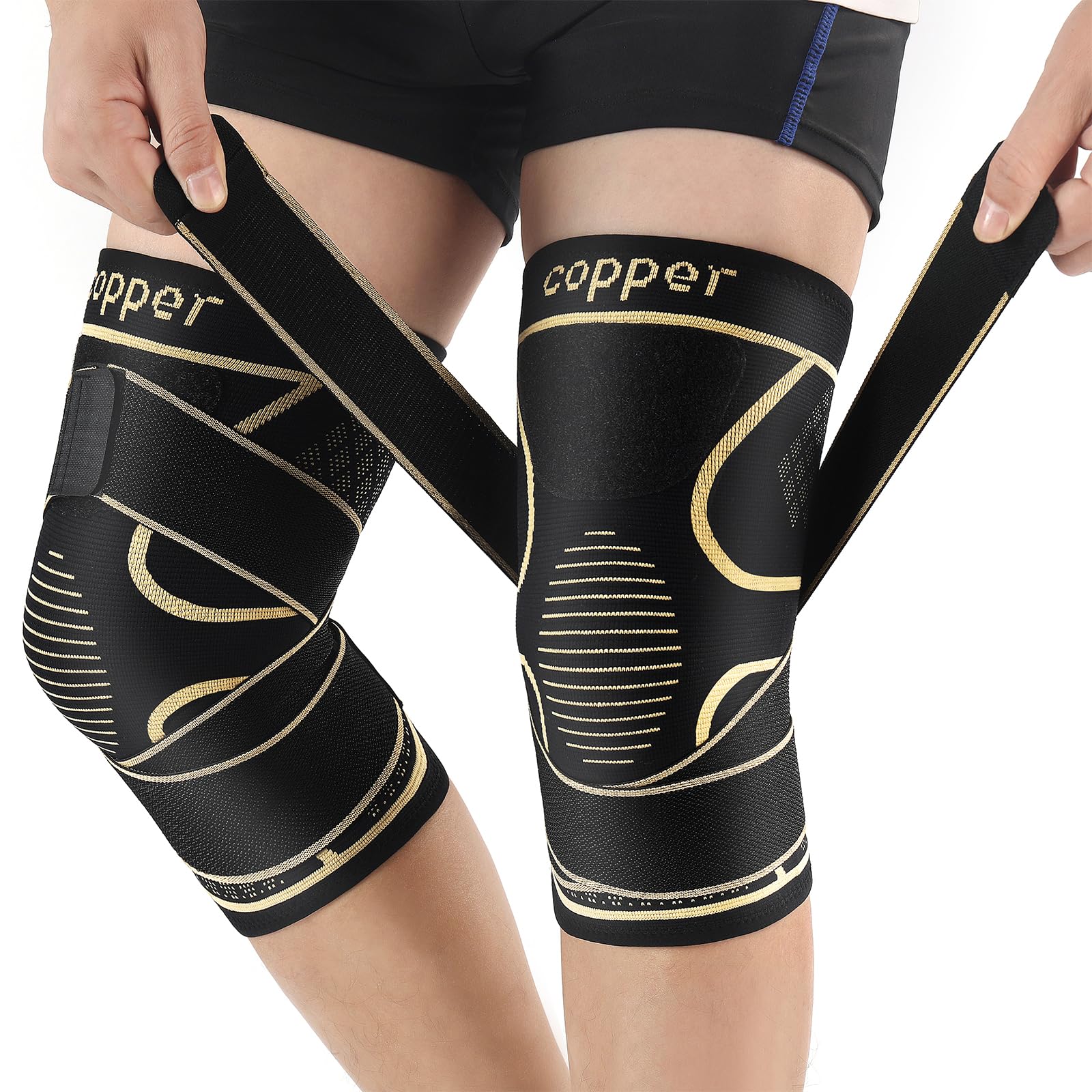 Copper Knee Braces with Strap for Knee Pain Women and Men(2 Pack), Knee Compression Sleeve for Arthritis, ACL, Meniscus Tear, Joint Pain Relief, Knee Support for Working, Running, Weightlifting(L)