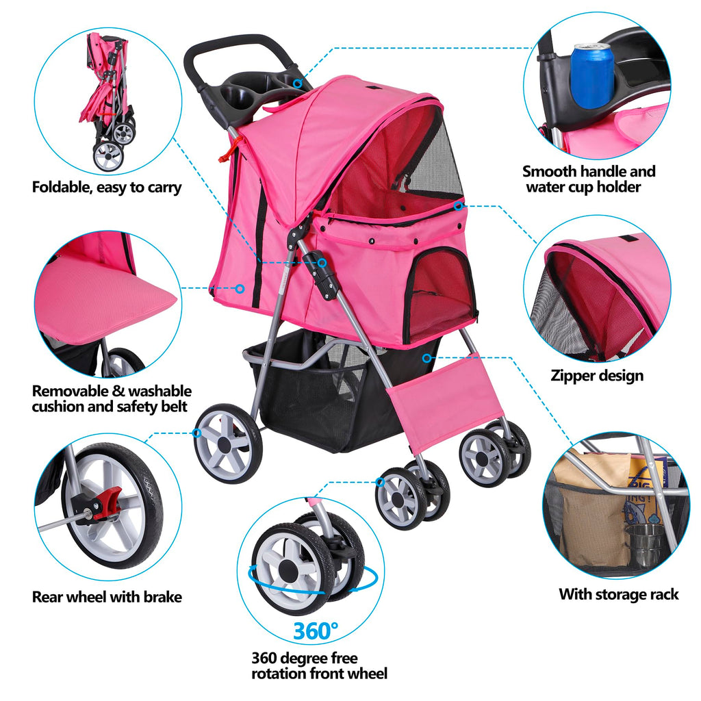 Pet Stroller 4 Wheels Dog Cat Stroller for Small Medium Dog Cats Carrier Jogger Travel Foldable Puppy with Storage Basket and Cup Holder (Pink)