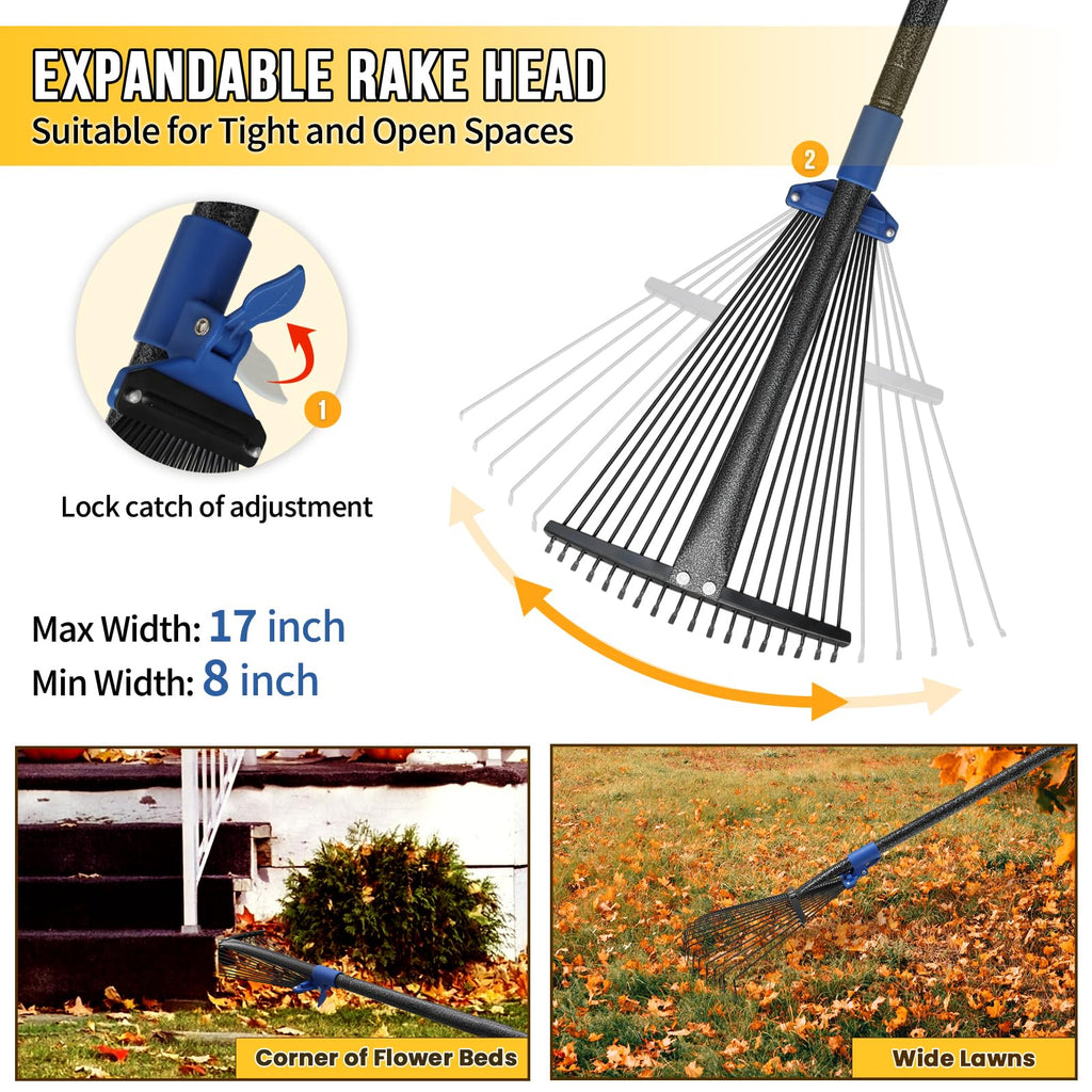 Adjustable Leaf Rake, Heavy Duty Metal Rake for Leaves, Long Handle 30"-60" with Expandable Head 8"-17", Collapsible Small Rakes for Lawns, Gardening, Yard, Camping, Shrub, Grass, Bush, Weed, Debris