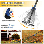 Adjustable Leaf Rake, Heavy Duty Metal Rake for Leaves, Long Handle 30"-60" with Expandable Head 8"-17", Collapsible Small Rakes for Lawns, Gardening, Yard, Camping, Shrub, Grass, Bush, Weed, Debris