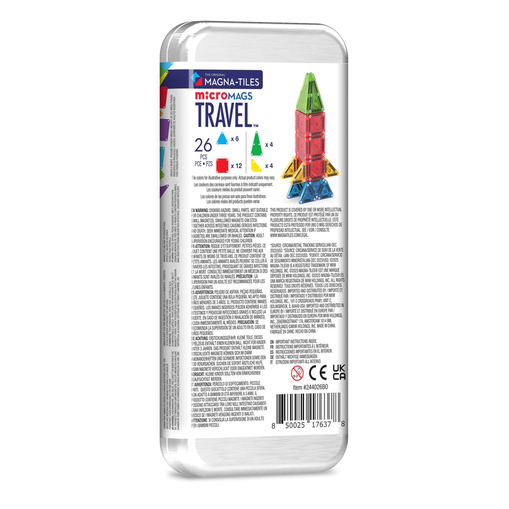 MAGNA-TILES microMAGS 26-Piece Travel Magnetic Construction Set – Bold Colors, The Original Magnetic Building Brand