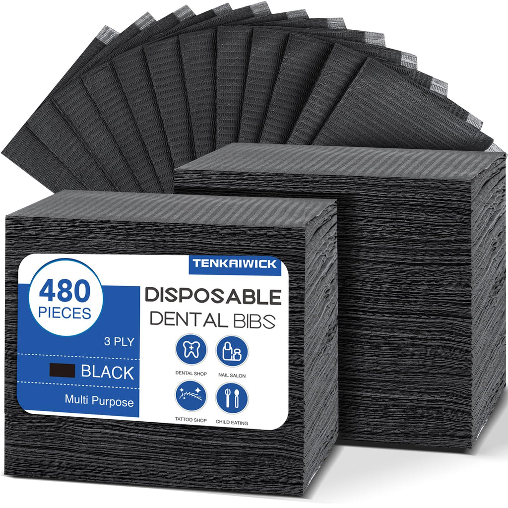 480 Pack Disposable Dental Bibs 13"x18", 3-Ply Waterproof Tattoo Bibs Sheet for Nail Salon, Dental Clinic, Feeding, Tattoo Shop (Black)
