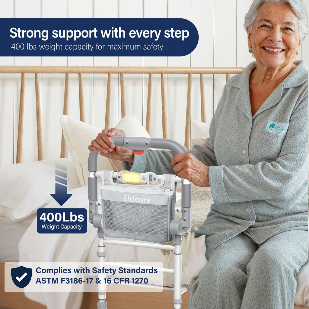 Foldable Bed Rails for Elderly Adults Safety - Heavy Duty Bed Rail for Seniors with Adjustable Height,Bed Side Rails with Motion Sensor Light and Storage Pocket,Fits King Queen Full Twin Beds,400LBS