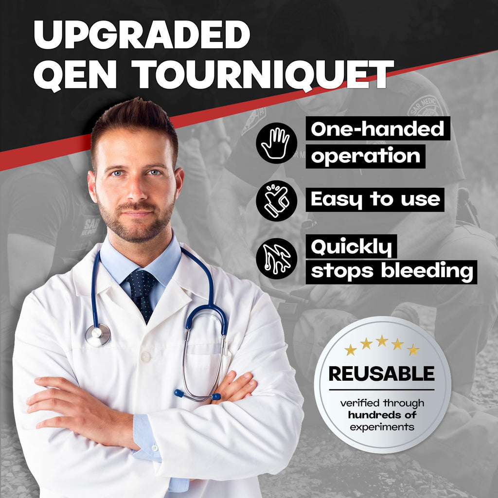 Qen Tourniquet for Severe Bleeding Control, Gear for First Aid Kits and Tourniquet Kits, Suitable for Emergencies, One-Handed Operation (Red)