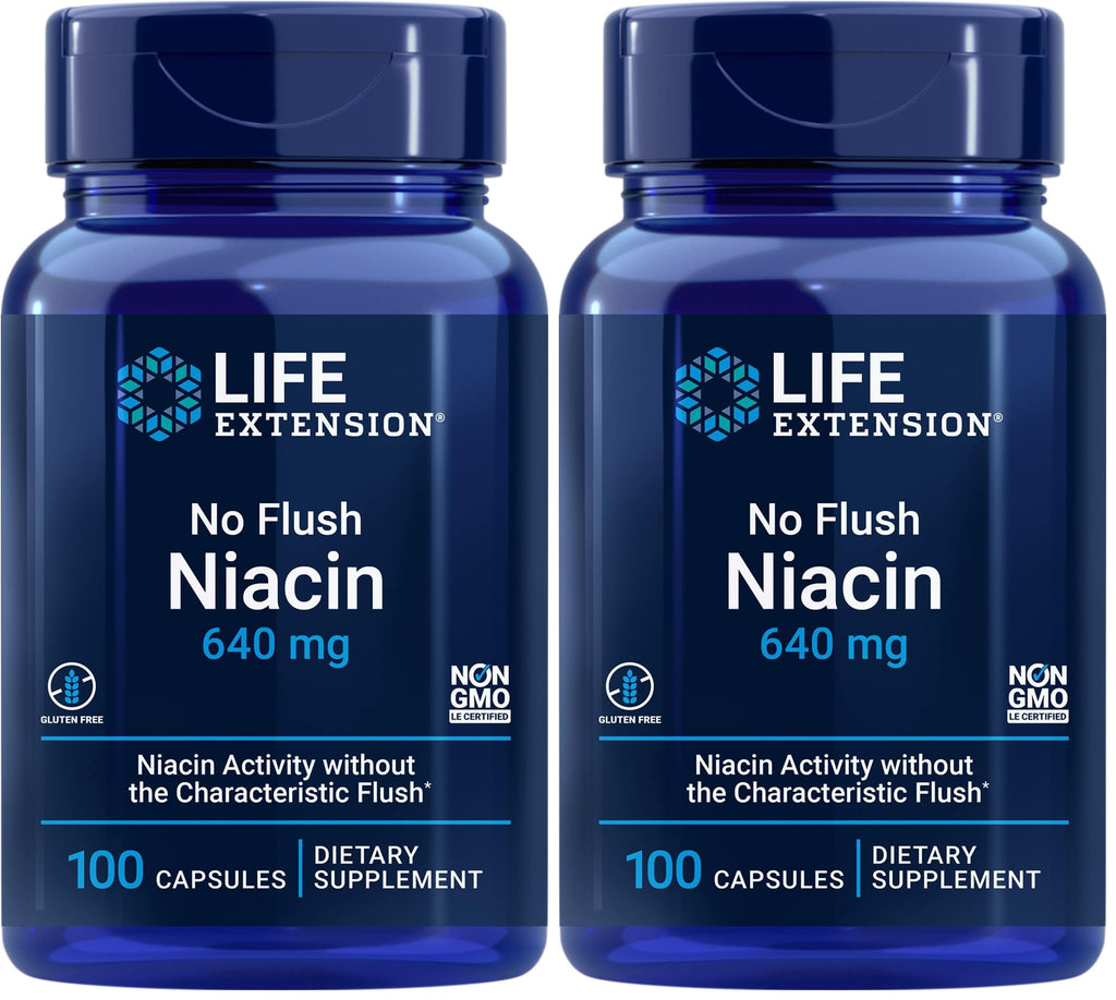 Life Extension No Flush Niacin,B3 for Heart Health,Cholesterol & Energy Support,Non-GMO,Gluten-Free,100 Capsules,(Pack of 2)