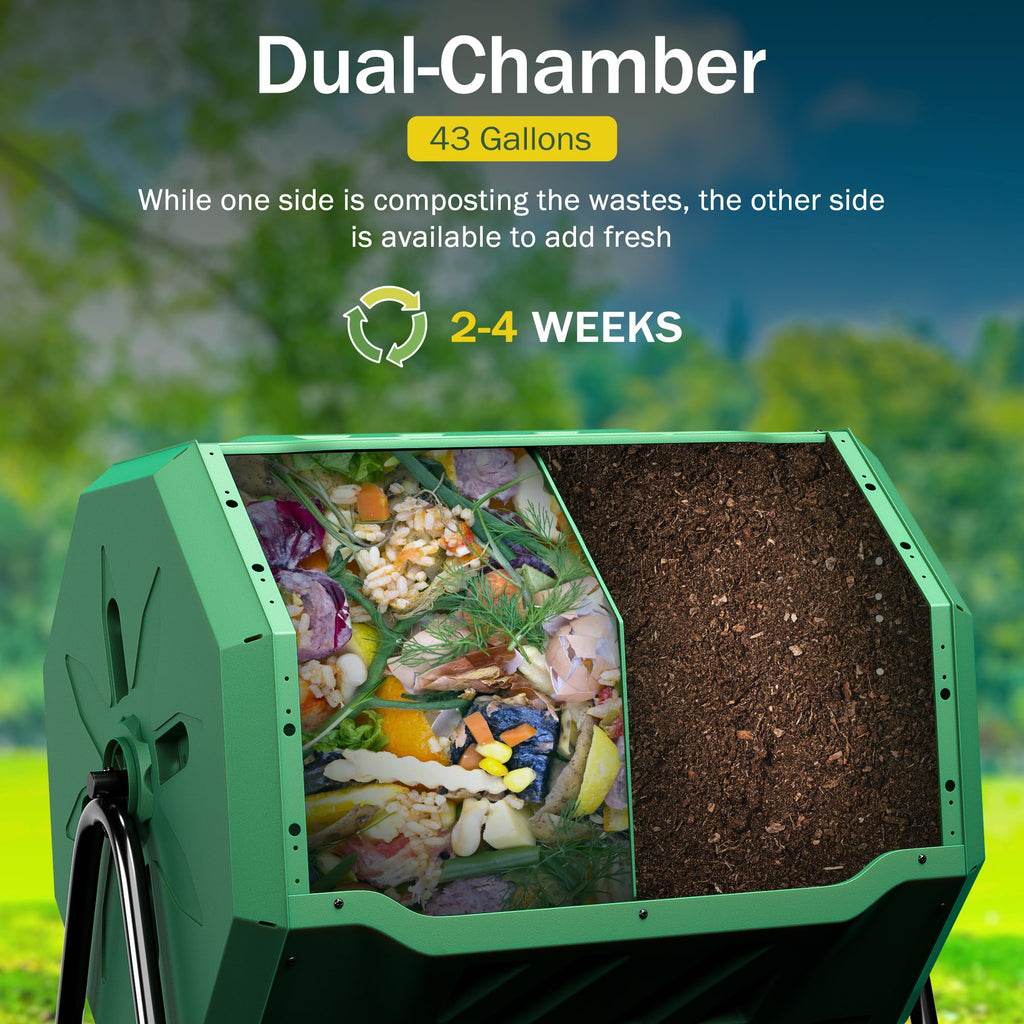 Saicool 43 Gallon Large Dual Chamber Composting Tumbler Outdoor Garden Rotating Compost Bin Tumbling Composter with Sliding Door, Green