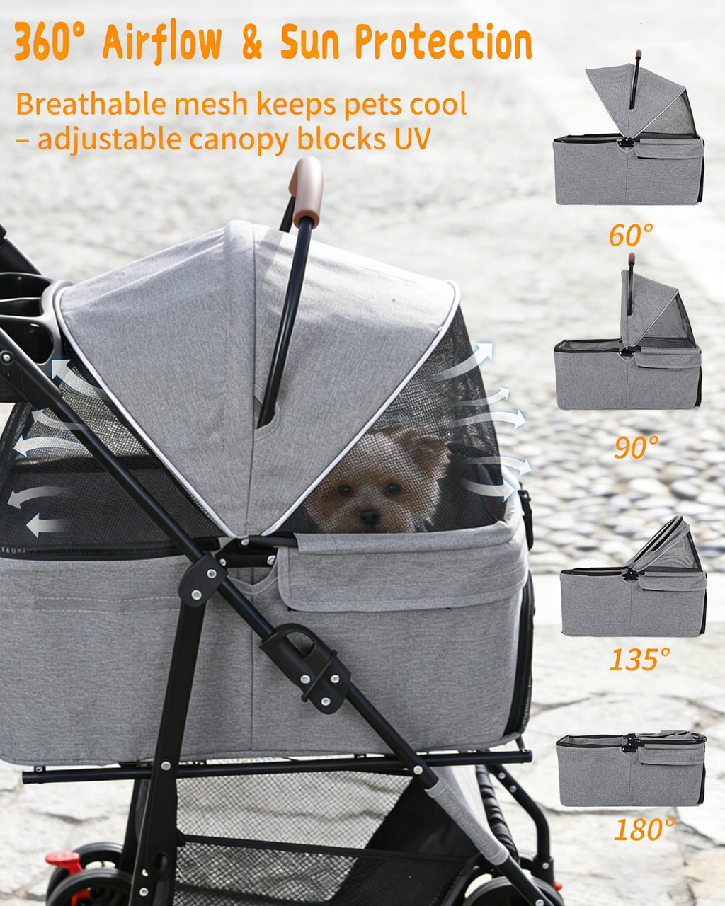 Pet Stroller with Removable Carrier, 35lbs Capacity - One-Click Foldable Dog Stroller, Cat Carrier & All-Terrain Wheels, Compact Travel Pet Stroller for Small to Medium Pets-Gray