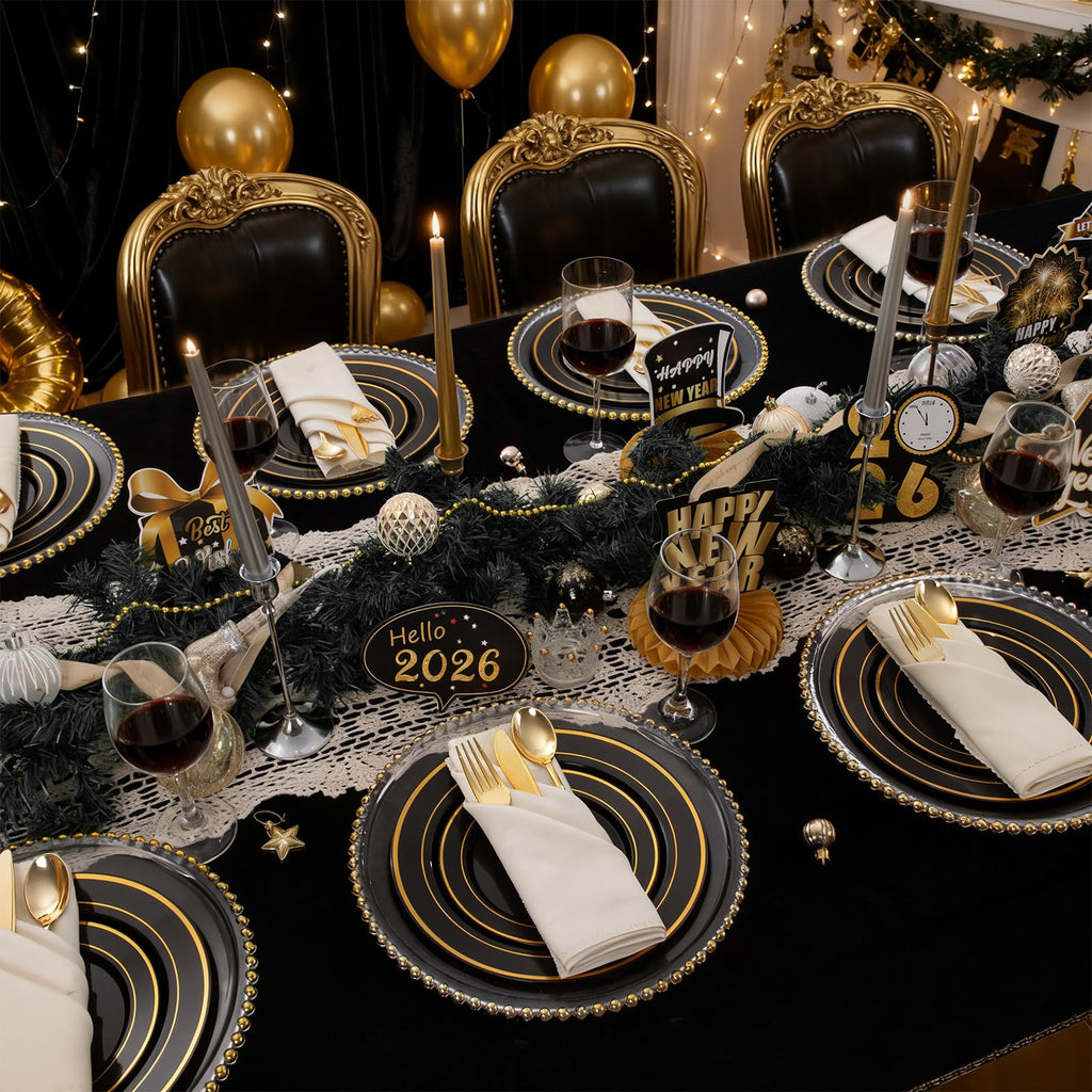 350 Pieces Black and Gold Plastic Plates with Disposable Silverware, Include 50 Dinner Plates 9”, 50 Dessert Plates 6.3”, 50 Black Cups 9 OZ, 50 Pre Rolled Napkins for Wedding/Party/Birthday/Halloween