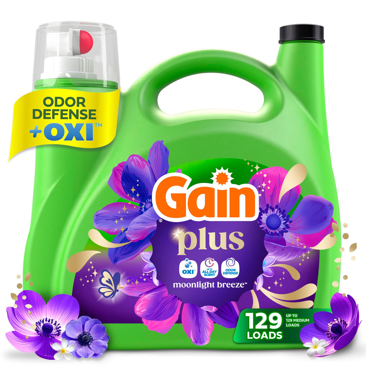 Gain Plus Liquid Laundry Detergent, Cleaner, Fresher, Now with Oxi, Moonlight Breeze Scent, 170 fl oz, 129 Loads