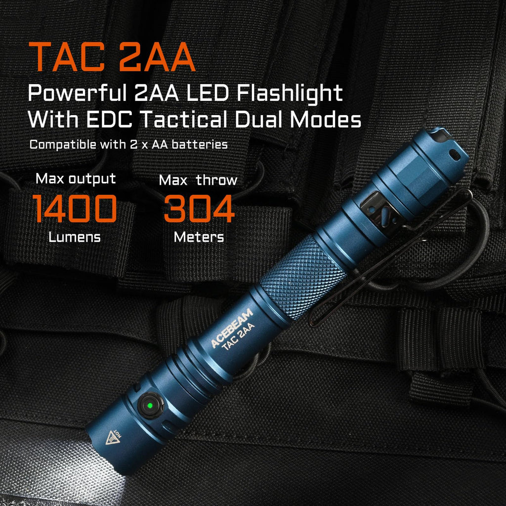 ACEBEAM TAC 2AA EDC Tactical Dual Modes Flashlight, 1400 High Lumens Flashlight, Dual Switch Pocket LED Flashlight, Super Bright Small Flash Light for Emergency, Camping, Home(SFT-25R HI)