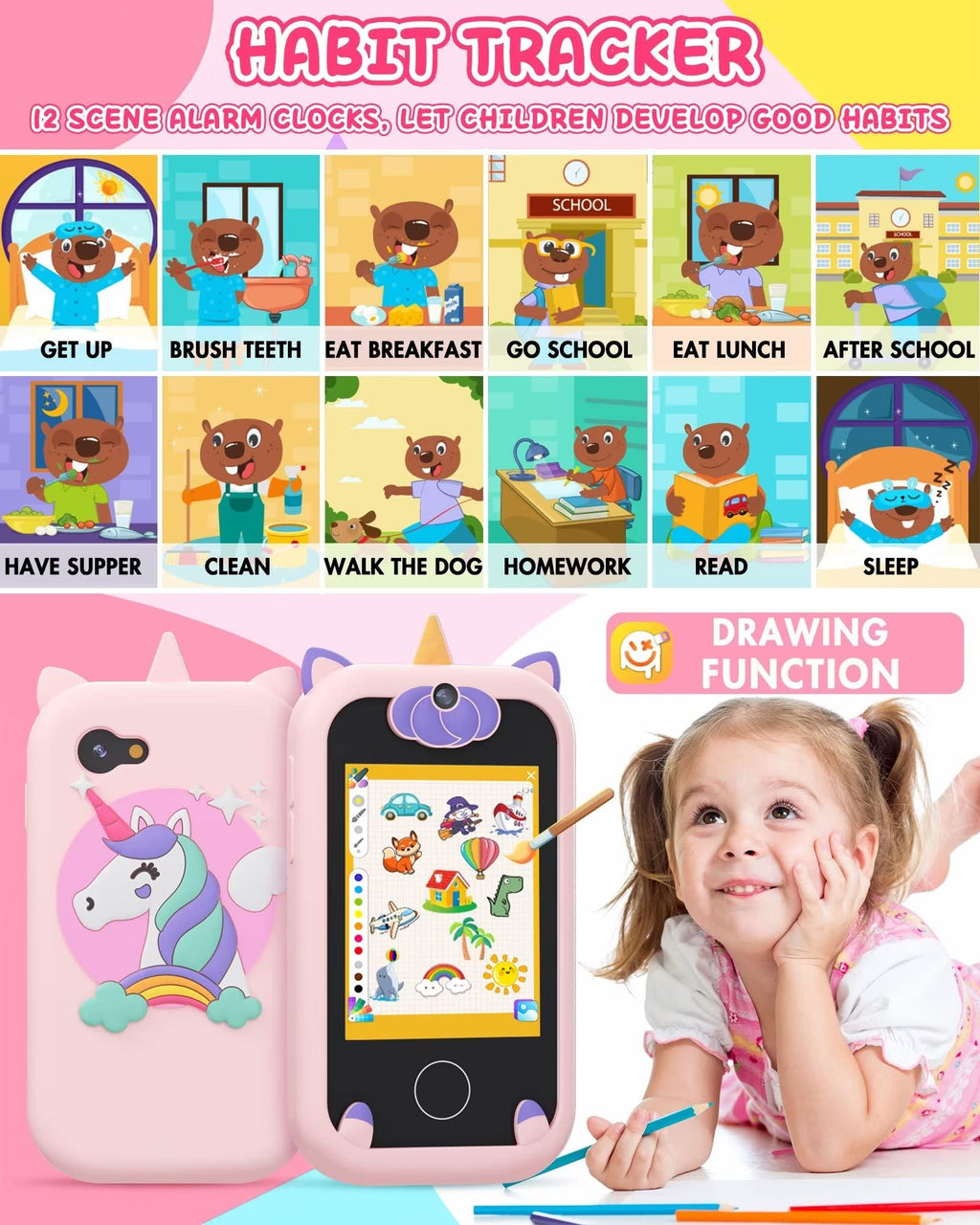Joozfee Kids Smart Phone for Girls Unicorn Toys with 8G Memory Card,Pink