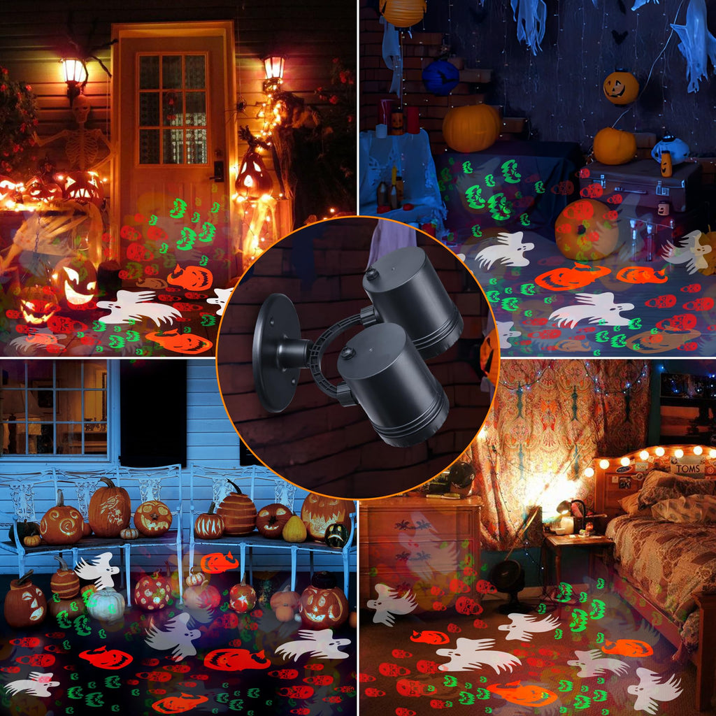 Toodour Halloween Projector Lights Outdoor, Double Head Dynamic Halloween Lights Projector with Timer, Waterproof Ghost Skeleton Devil Pumpkin Light for Home Window Wall Decor