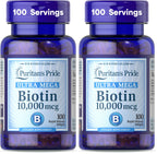 Puritan's Pride Biotin 10000 Mcg, Helps Promote Skin, Hair and Nail Health, Softgels 100 Count (Pack of 2)