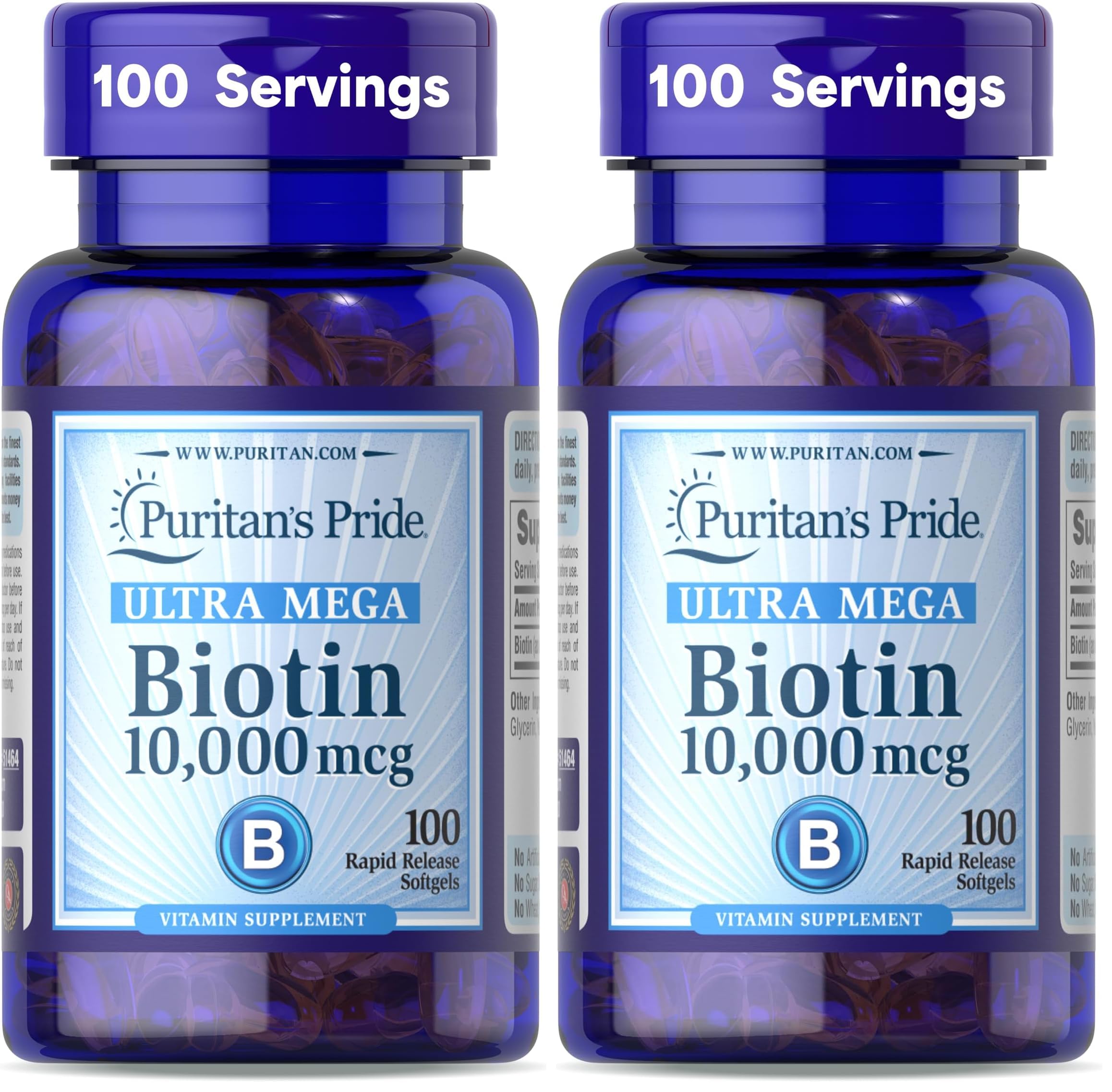 Puritan's Pride Biotin 10000 Mcg, Helps Promote Skin, Hair and Nail Health, Softgels 100 Count (Pack of 2)