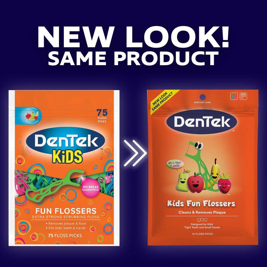 DenTek Fun Flossers – Kids Floss Picks with Wild Fruit Flavor, 75 Count (Pack of 12)