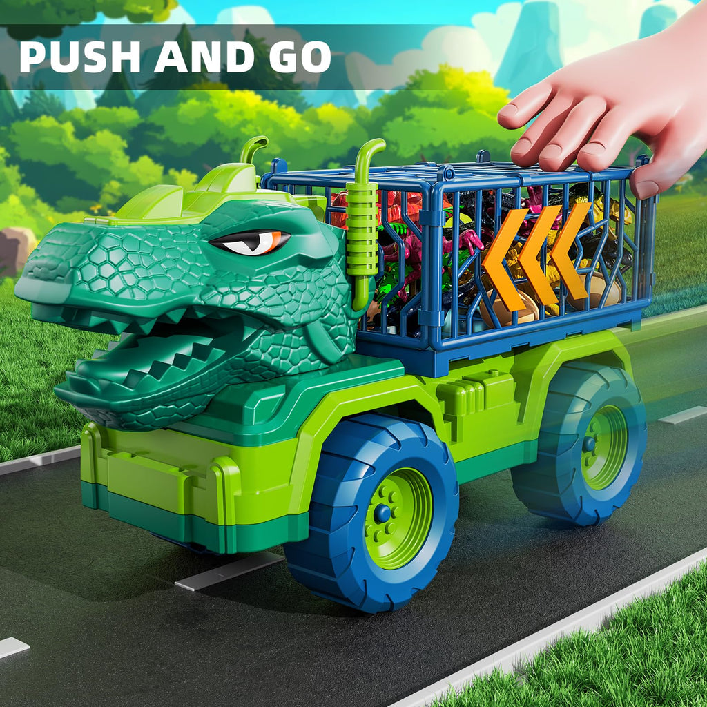 TEMI Dinosaur Truck Toys for Kids 3-5 Years, Tyrannosaurus Transport Car Carrier Truck with 8 Dinosaur Figures, Activity Play Mat, Dinosaur Eggs, Trees, Capture Jurassic Play Set for Boys and Girls