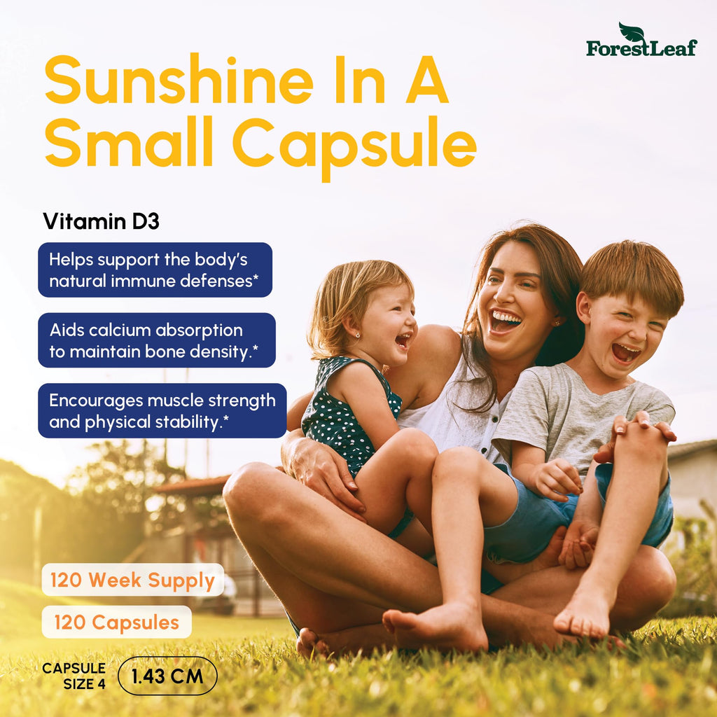 ForestLeaf Vitamin D3 50,000 IU | VIT D - Kosher VIT D3 Vitamin D Supplement for Women and Men | Bone Health, Teeth, Immune Support | Weekly Dose, 2-Year Supply, 120 Caps
