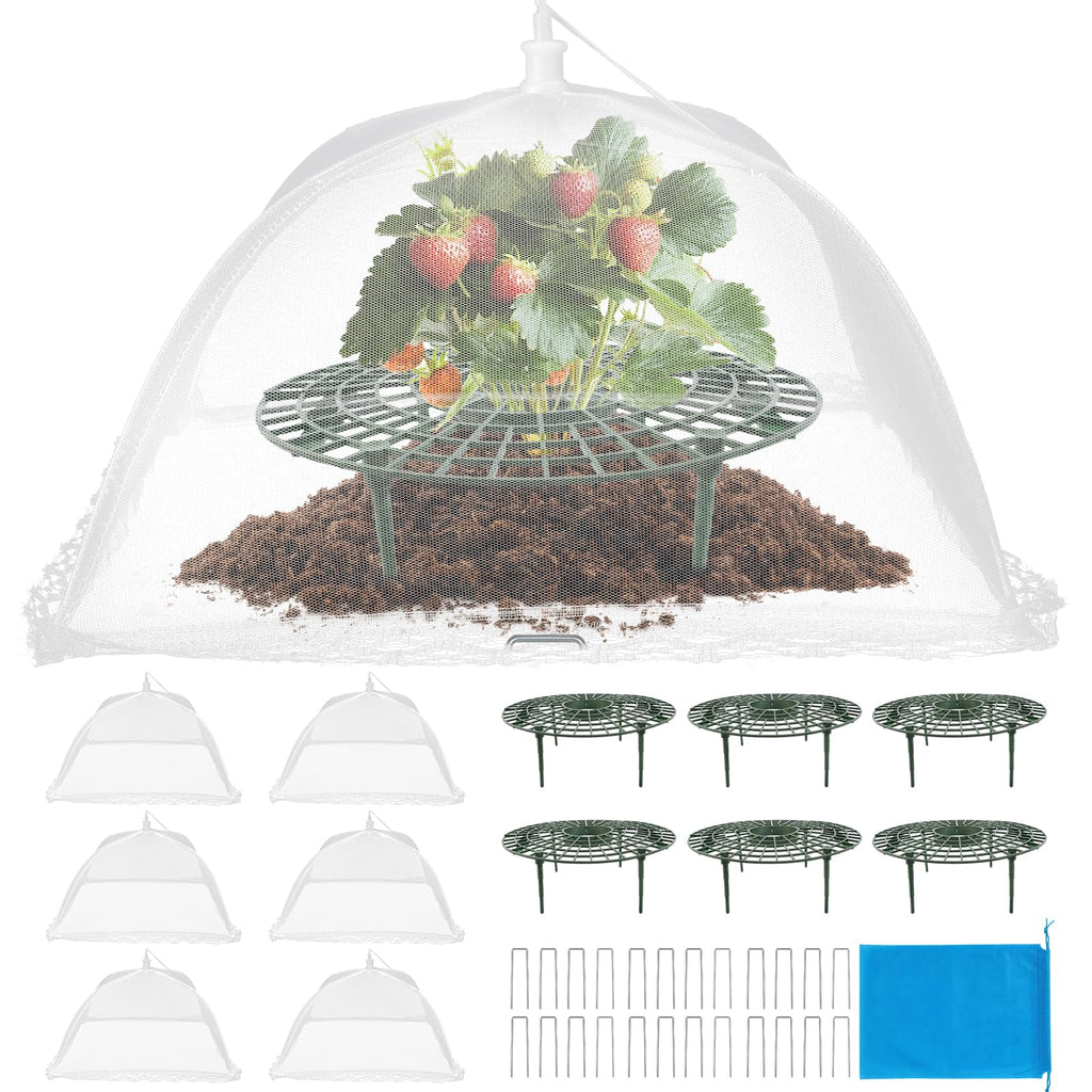 COZYDIG 4 Sets Strawberry Plant Support with Mesh Plant Cover,Strawberry Growing Racks Sets with Iron Plant Nails and Storage Bag for Garden Strawberry Vegetables(White Net - Round)