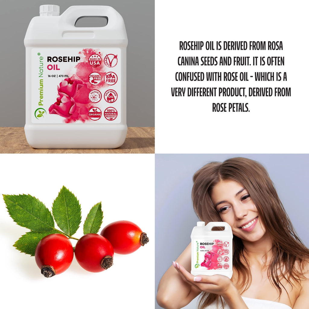 Premium Nature Rosehip Seed Oil 16oz Bulk Size - Cold Pressed, Unrefined, 100% Pure Organic Carrier Oil - Moisturizing Face & Body Oil for Dry Skin, Hair Growth, Nails & Anti-Aging Skincare