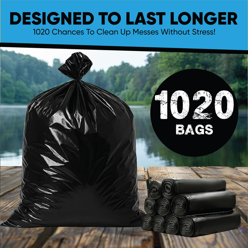 Black 13 Gallon Trash Bags – Bulk 1020 Count – Tall Kitchen Garbage Bags – 13 Gal Unscented Plastic Can Liners for Bathroom, Office, Janitorial, Commercial, Industrial, Municipal – Drawstring-Free