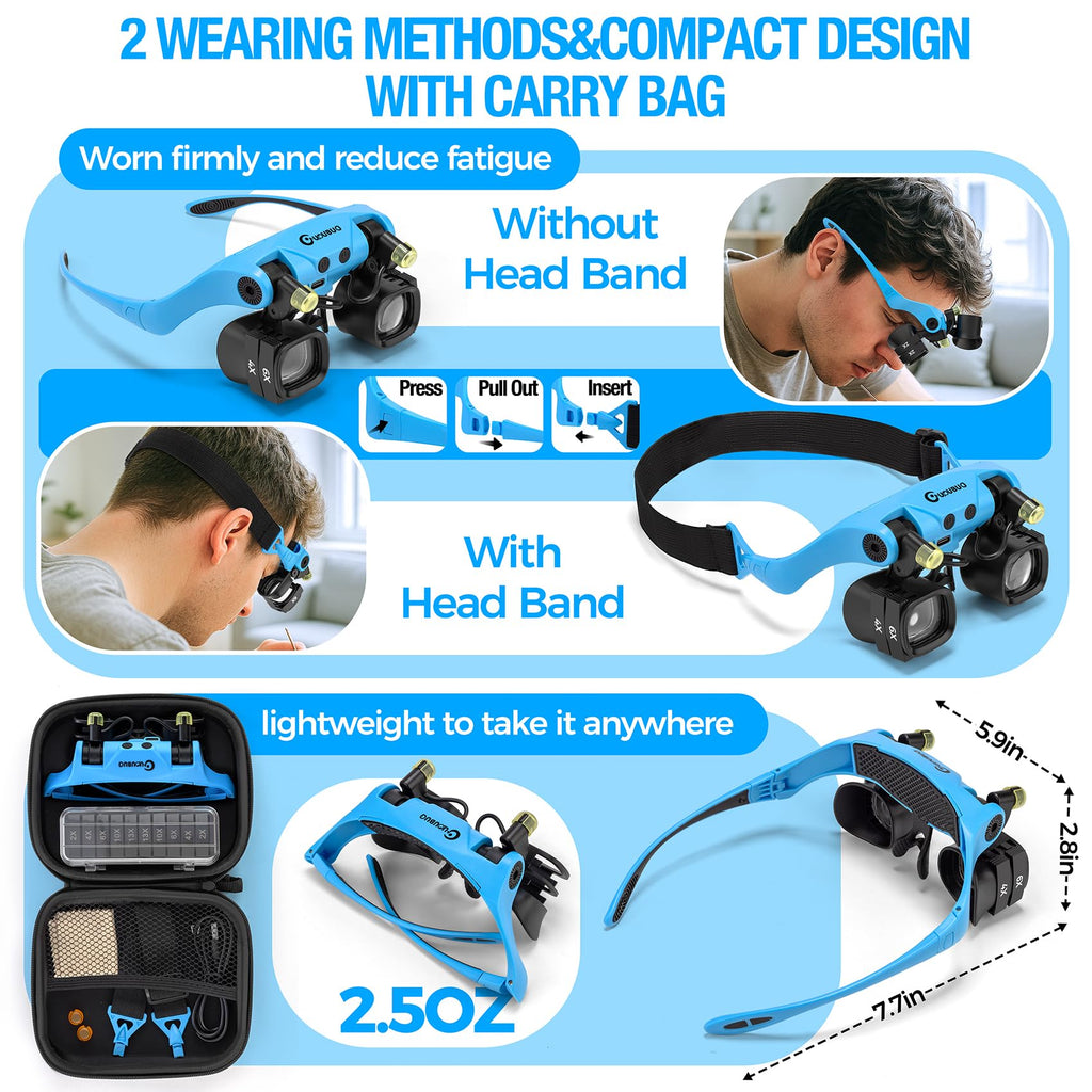 GUOUBUO Magnifying Glass with Light, 2X 4X 6X 10X 13X Magnifying Glasses Lens, Switchable Binoculus Loupe w/Storage Case, Rechargeable Head Mount Magnifier for Close Work Watch Repair Crafts Jewelry