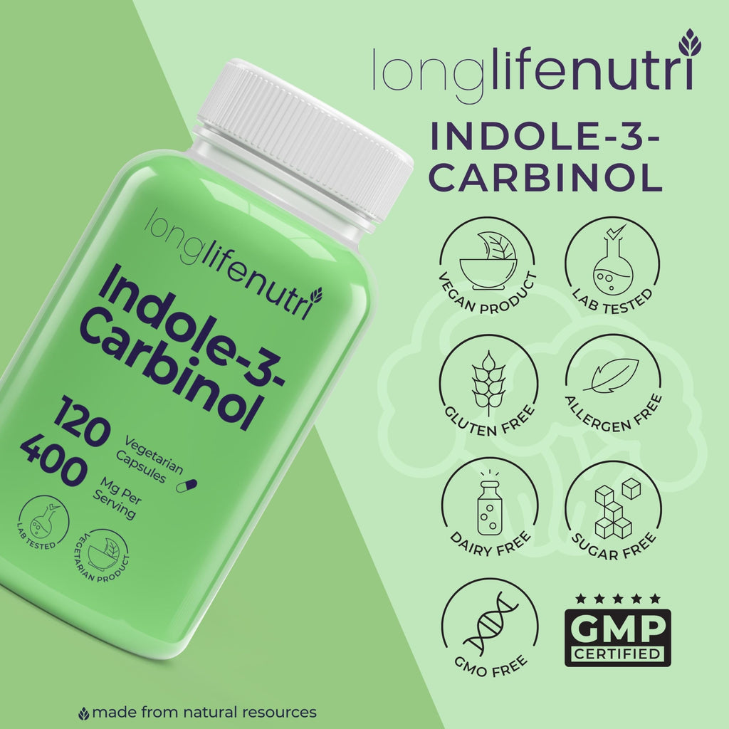 LongLifeNutri Indole-3-Carbinol 400mg - 120 Vegeterian Capsules, 4-Month Supply, Organic Supplement for Hormone Balance & Cellular Health, Lab Tested, Made in USA