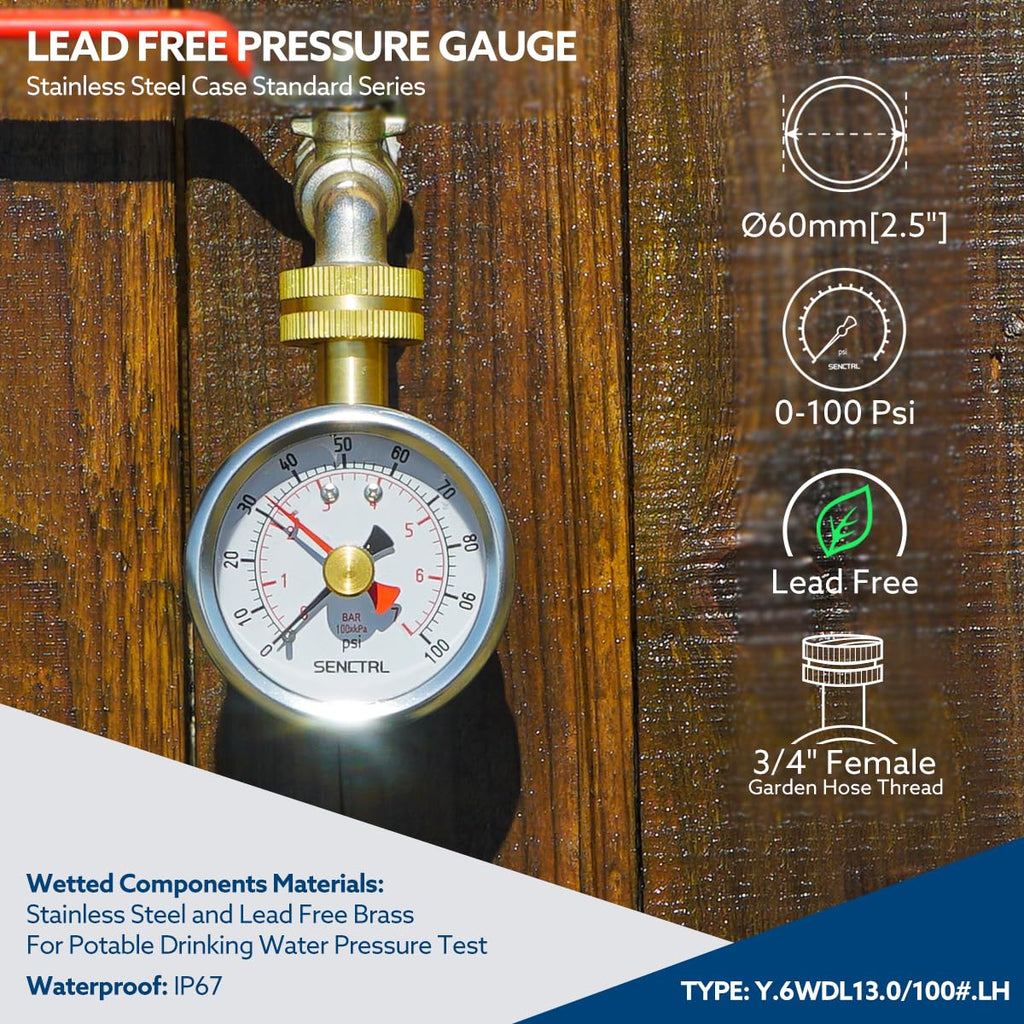 SENCTRL 0-200 psi Water Pressure Gauge Test with Max Pointer, Lead-Free, 2-1/2" Dial Size, 3/4" Female Garden Hose Thread, for Home Potable Water, House Tube