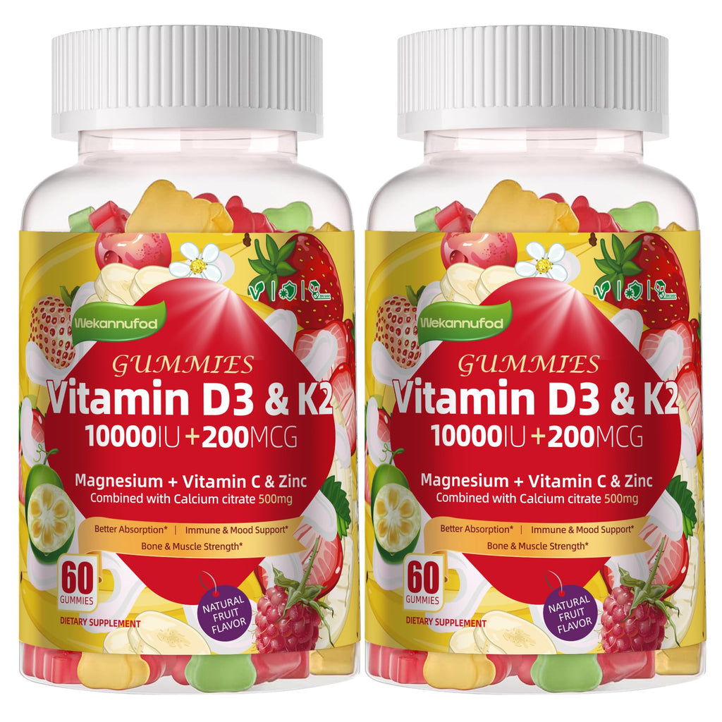 Wekannufod Sugar-Free Vitamin D3 K2 Gummies with Calcium + K2 (MK-7), Magnesium Citrate, Vitamin C, Extra Strength - Ultimate Absorption for Bone Muscle Teeth Immune, Vegan - 120 Gummies