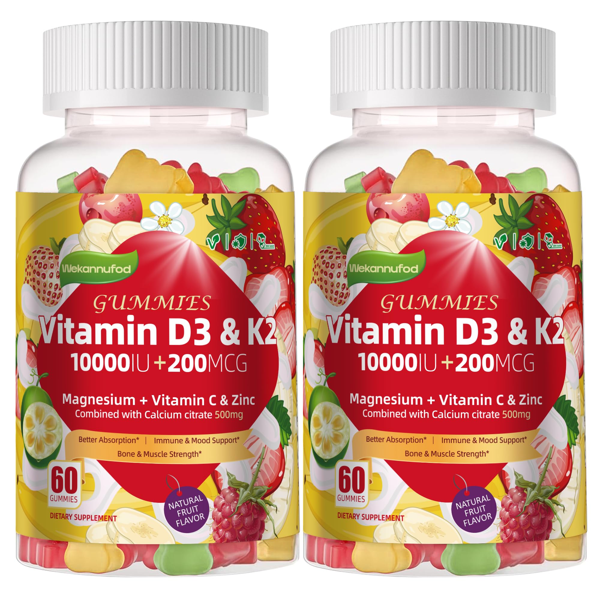 Wekannufod Sugar-Free Vitamin D3 K2 Gummies with Calcium + K2 (MK-7), Magnesium Citrate, Vitamin C, Extra Strength - Ultimate Absorption for Bone Muscle Teeth Immune, Vegan - 120 Gummies