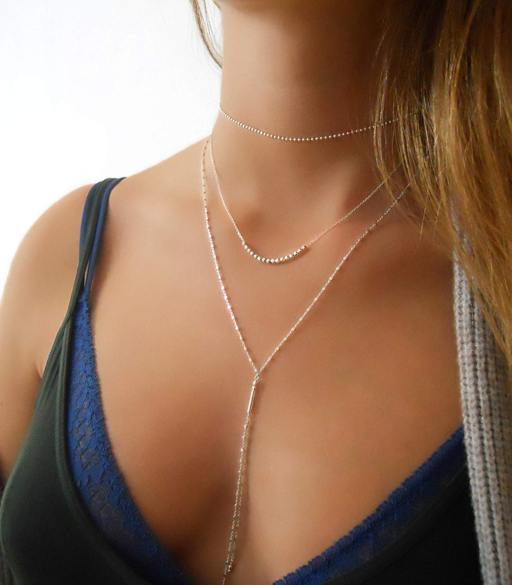 Annika Bella Silver Beaded Necklace for Women, Dainty 16 Faceted Beads Bar Pendant, Waterproof Tarnish Resistant Jewelry, 15" + 2" Extender, Gift for Her