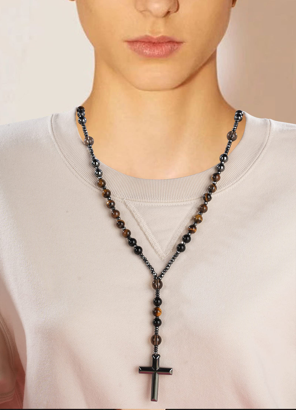 LIYAPEI Rosary Necklace, Catholic Rosary Beads with Tiger Eye, Obsidian, and Hematite for Women and Men Triple Protection Necklace An Anxiety Relief Beaded Necklace. (Tiger Eye Red)