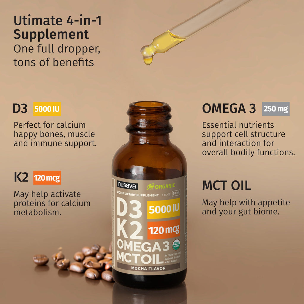 NUSAVA (2 Pack) Organic Vitamin D3 K2 Drops with MCT Oil Omega 3, 5000 IU, Maximum Strength Vitamin D Liquid, No Fillers, Non-GMO Liquid D3 for Faster Absorption and Immune Support (Mocha, 2 Fl Oz)