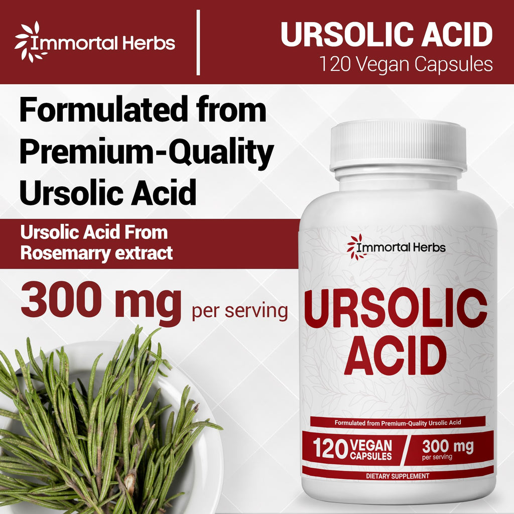 Immortal Herbs Pure Ursolic Acid Supplement 300mg, 120 Pills, Rosemary Leaf Extract Powder, Non-GMO and Gluten-Free Ursolic Acid Capsules for Women and Men