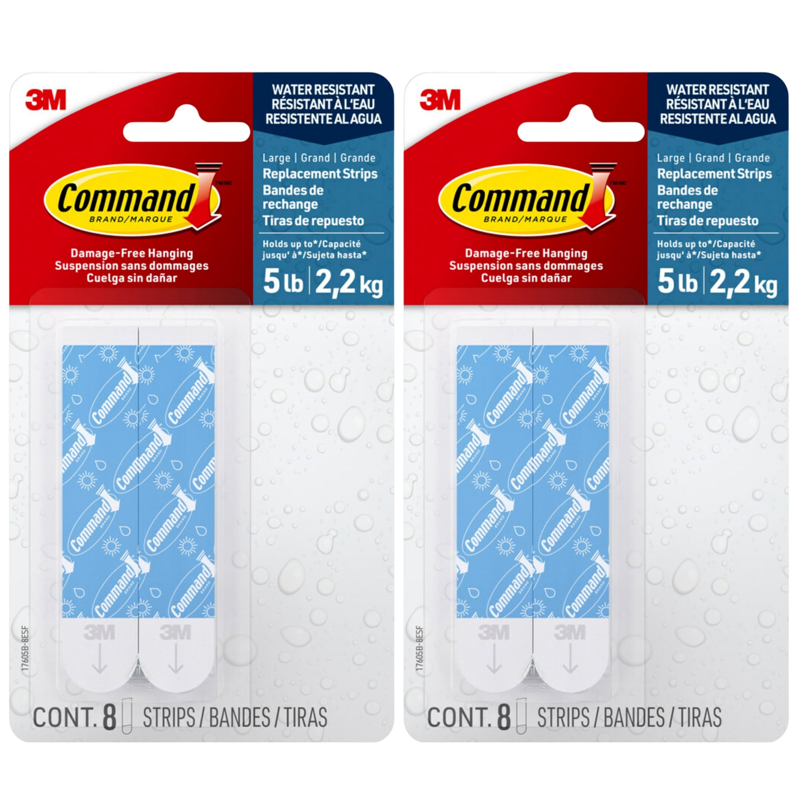 Command Water-Resistant Adhesive Refill Strips, Large (Pack of 16) – Damage-Free Hanging for Bathroom Hooks & Shower Caddies in Humid Areas, No Tools Needed, Holds 5 lb